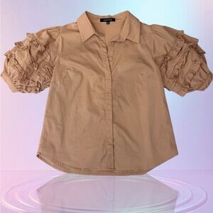 Strut & Bolt 🌺 Tan Ruffle Puff Sleeve Button Front Blouse